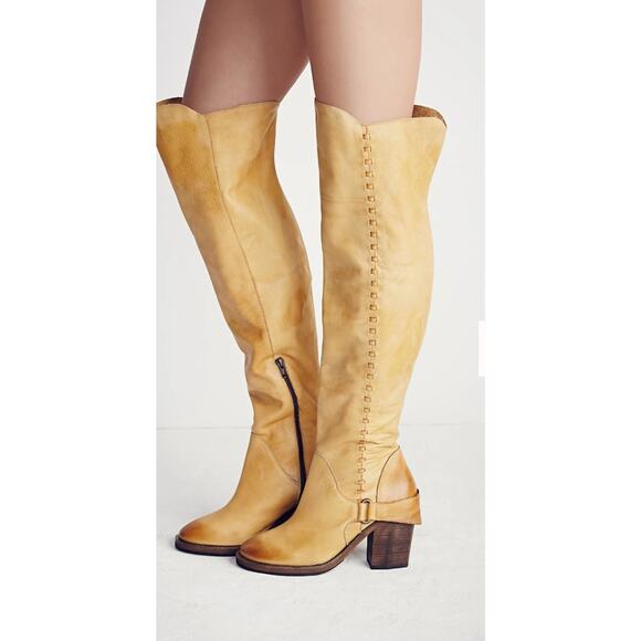 FREE PEOPLE AUBURN TALL OVER THE KNEE BOOTS MUSTARD YELLOW LEATHER SZ 39 US 8 - Picture 2 of 10